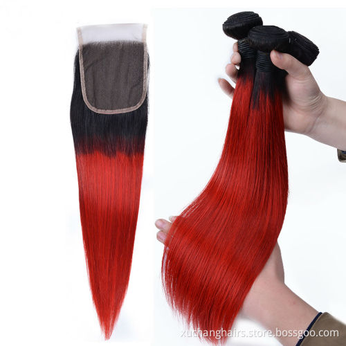 Best Quality Ombre Peruvian Hair Virgin Hair Extension Silky Straight Two Tone 1B/Red Bundles With Closure